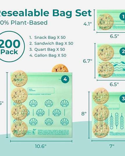 Fit Meal Prep 100% Compostable Food Storage Bags Set, Resealable Bags Plant-Based Freezer Bag for Food, ASTM D6400, US BPI & EU OK Compost Certified