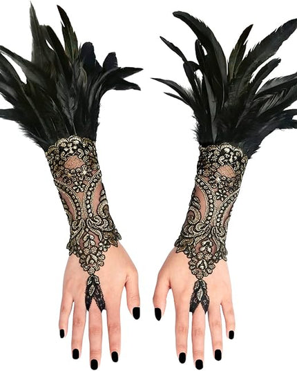 HOMELEX Women Black Lace Feather Gloves Witch Angel Costume Accessories Swan Wings Wrist Bands