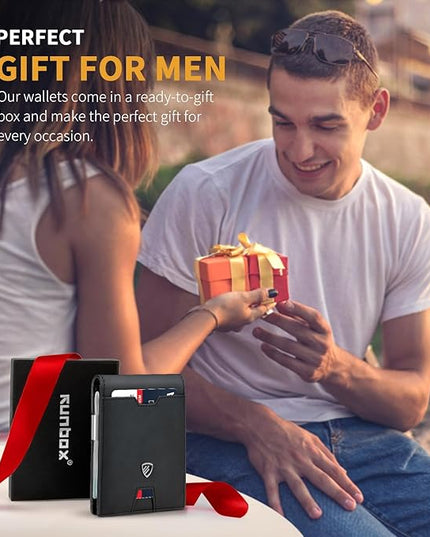 RUNBOX Mens Slim Wallet with Money Clip RFID Blocking Bifold Credit Card Holder for Men with Gift Box