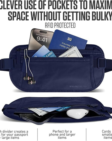 VENTURE 4TH Money Belt for Travel – Hidden Under-Clothes RFID Blocking Passport Holder & Slim Travel Wallet Pouch for Men & Women to Protect Cash, Cards & Documents (Sleek Navy Blue)