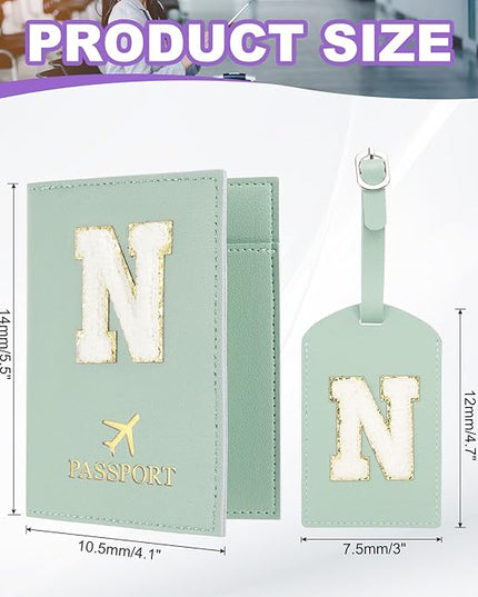 PATIKIL Passport Holder for Travel, Initial Passport Cover and Luggage Tag Set with Alphabet Chenille Letter Patch Travel Wallet Bag Suitcase Identifier for Women Family Travel Green N