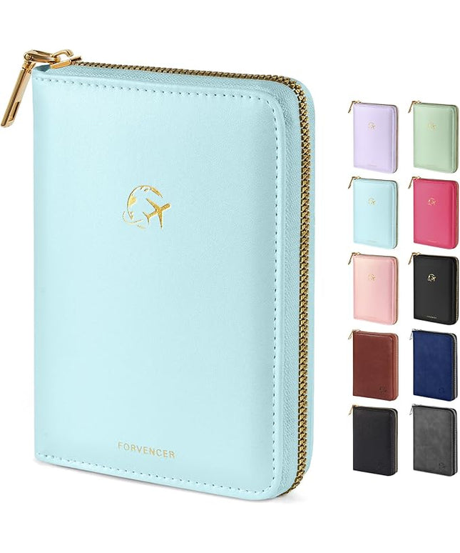 Forvencer Passport Holder Cover with Safe Zipper Closure, Premium Passport Wallet for Travel, Cute RFID Blocking Card Case, Waterproof Travel Accessories for Women, Light Blue