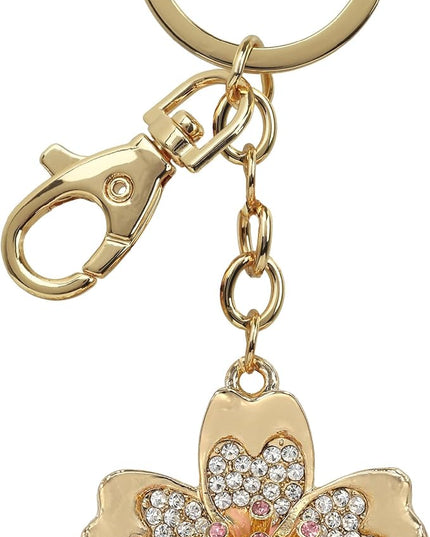 Flower Keychain - Gold 3D Sparkling Charm Rhinestones Fashionable Stylish Metal Alloy Durable Key Ring Bling Crystal Jewelry Accessory with Clasp for Key Chain, Bag, Purse, Backpack, Handbag
