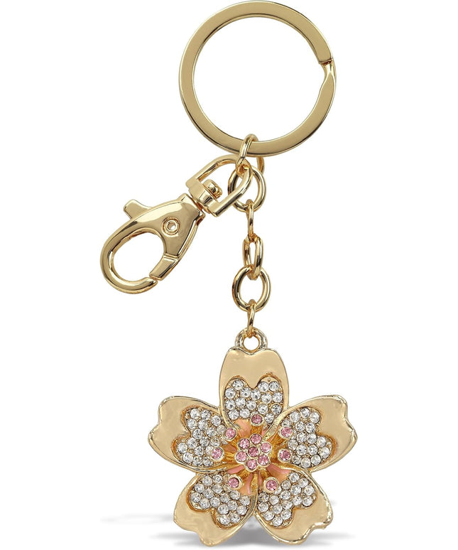 Flower Keychain - Gold 3D Sparkling Charm Rhinestones Fashionable Stylish Metal Alloy Durable Key Ring Bling Crystal Jewelry Accessory with Clasp for Key Chain, Bag, Purse, Backpack, Handbag