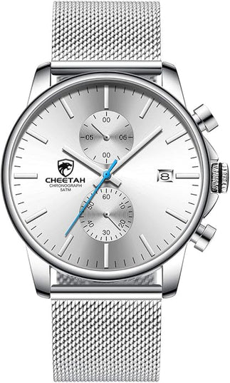 GOLDEN HOUR Mens Watch Fashion Sleek Minimalist Quartz Analog Mesh Stainless Steel Waterproof Chronograph Watches for Men with Auto Date