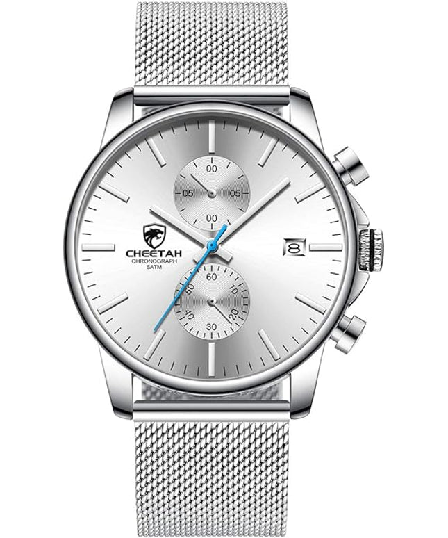 GOLDEN HOUR Mens Watch Fashion Sleek Minimalist Quartz Analog Mesh Stainless Steel Waterproof Chronograph Watches for Men with Auto Date