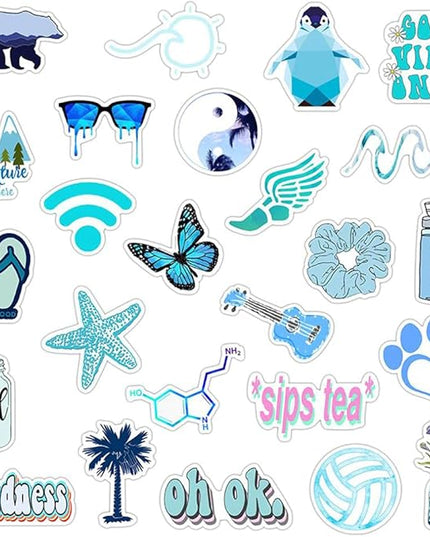 Girl's Blue Aesthetic Stickers - Waterproof Cute Stickers 50 PCS for Water Bottle, Laptop, Phone - Teens & Kids