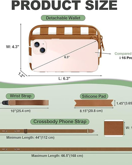 Clip and Go Strap for Phone with Wallet Crossbody, Adjustable Phone Lanyard with Detachable RFID Wristlet Wallet, Phone Strap with Phone Tabs for All Phones, Bronze Checkered (M)