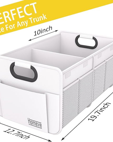 Homeve Trunk Organizer, Car Storage, Reinforced Handles, Collapsible Multi-Compartment, Foldable, Waterproof, Sturdy, 600D Oxford Polyester For Car, SUV, Mini-Van, White, 2 Compart-Small