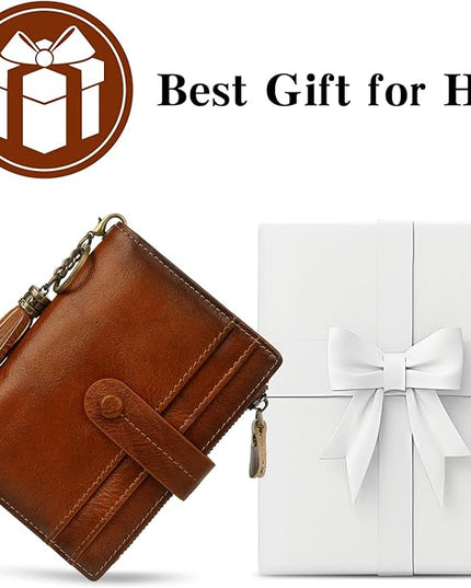 Blucoay Leather Wallet Women,RFID Blocking Small Wallets for Women Compact Bifold Wallet Card Holder With Zipper Coin Pocket Brown
