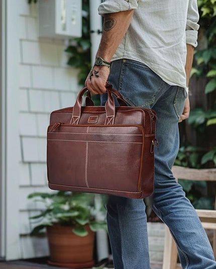 LEATHER VILLAGE 18" Leather Laptop Messenger Briefcase Bag for Men-Leather Satchel for Travel and Office Shoulder Bag-Red Brown