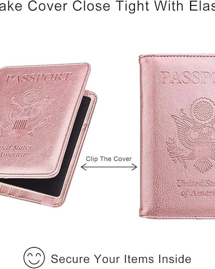 WALNEW Passport Holder for Travel, RFID Passport Cover Wallet for Women Men, PU Leather Passport Book Card Holder Case with Pen (Upgraded, Upgraded-Rosegold)