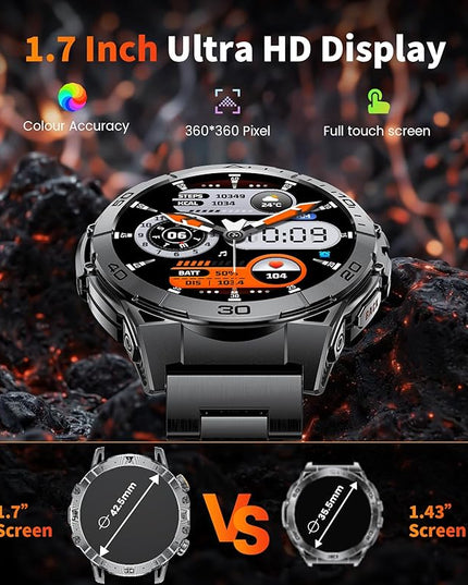 Smart Watches for Men 1000mAh Battery/Flashlight/3 Straps, 1.7" Ultra HD Screen Outdoor Smartwatch with 111 Sports Modes, Heart Rate/Sleep/Calorie Monitor, 5ATM Waterproof Fitness Tracker Android iOS