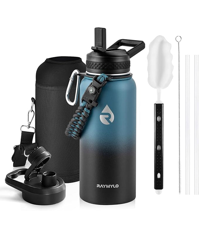 Insulated Water Bottle 32 oz, Triple Wall Vacuum Stainless Steel (Cold for 48 Hrs, Hot for 24Hrs), Leak Proof & Non-BPA, 32oz Hydro Water Flask with Paracord Handle & Straw Spout Lids