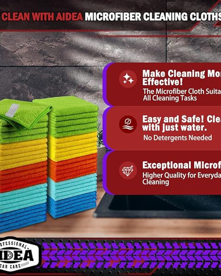 AIDEA Microfiber Cleaning Cloth, 50PK, Microfiber Towels for Cars, Premium Wash Cloths, Dusting Cloth Cleaning Rags, Absorbent Towels for SUVs, House, Kitchen, Window, Cleaning Supplies12×12"
