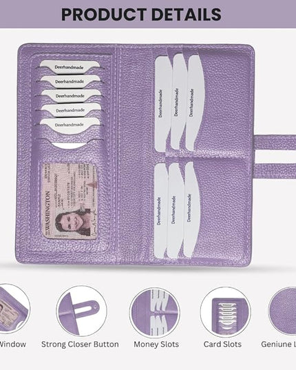 DEERHANDMADE womens wallet (Holds 15-18 Cards, 4 Flat Pockets, 1 ID Windows) Genuine Leather clutch purses for women | Slim long wallets for women | rfid blocking wallet (purple wallet)