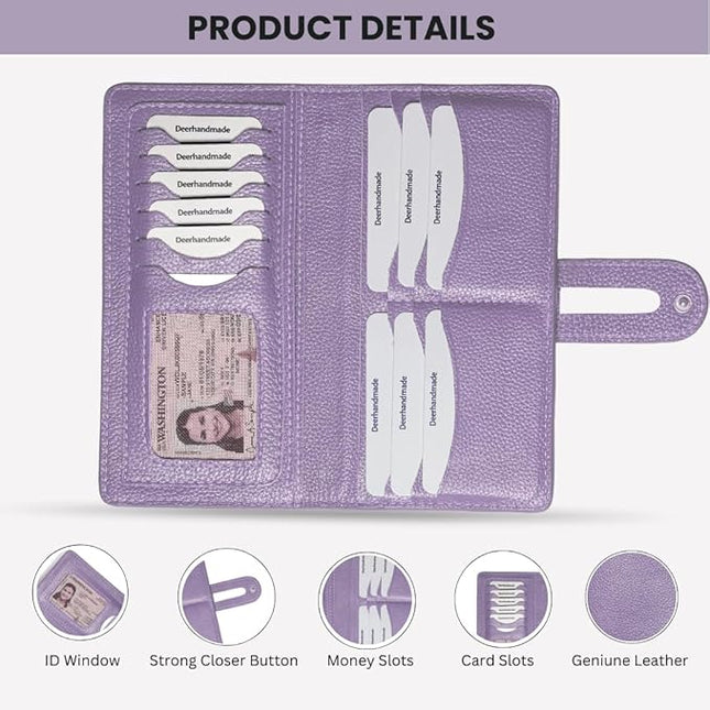 DEERHANDMADE womens wallet (Holds 15-18 Cards, 4 Flat Pockets, 1 ID Windows) Genuine Leather clutch purses for women | Slim long wallets for women | rfid blocking wallet (purple wallet)