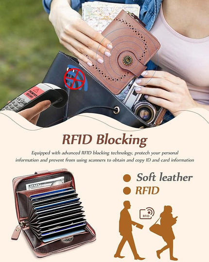 TFKGS Small Womens Wallet Leather RFID Blocking Bifold Compact Card Holder Ladies Zipper Accordion Pocket with ID Window Pink