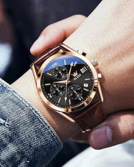 OLEVS Men's Watches Leather Strap Analog Quartz Watch, Fashion Big Dial Date Waterproof Watch, Dress Luxury Luminous Men Watches