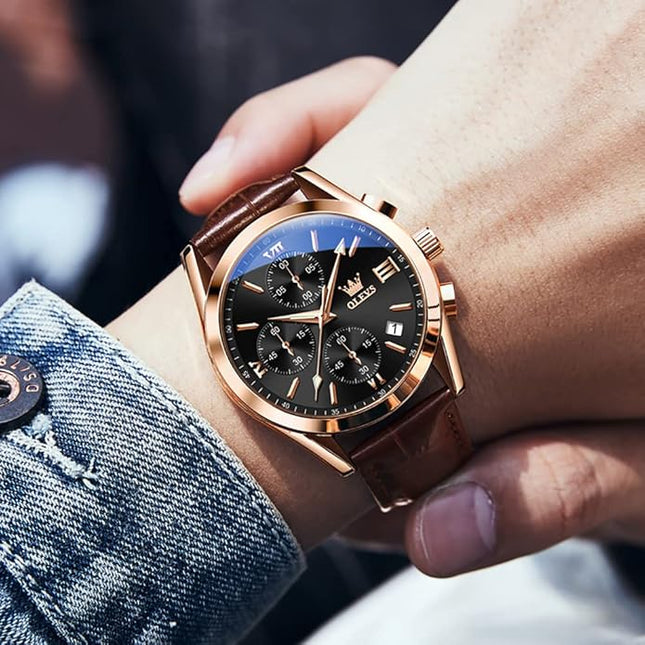 OLEVS Men's Watches Leather Strap Analog Quartz Watch, Fashion Big Dial Date Waterproof Watch, Dress Luxury Luminous Men Watches
