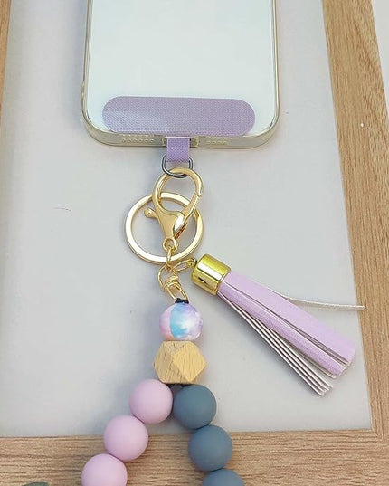 Phone Lanyard Silicone Beaded Phone Wrist Strap Cute Elastic Cell Phone Wristlet Chain Bracelet with 2 Tether Tab