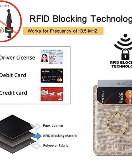 BIAJIYA Phone Card Holder RFID Leather Wallet Credit Adhesive Cell Case Stick-on Card Holder for Women and Men Back of Phone for Most of Smartphones (Rose/Gold)