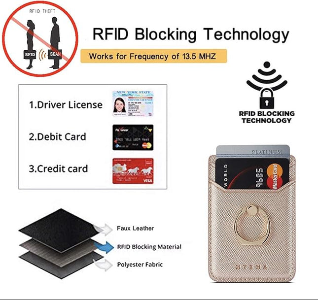 BIAJIYA Phone Card Holder RFID Leather Wallet Credit Adhesive Cell Case Stick-on Card Holder for Women and Men Back of Phone for Most of Smartphones (Rose/Gold)