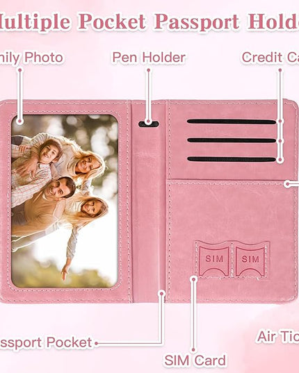 Passport Holder for Travel, RFID Blocking Passport Cover with Pen Holder Leather Passport Wallet Case Travel Must Haves Accessories Passport Book Card Holder for Family Travel Essentials Gifts, Pink