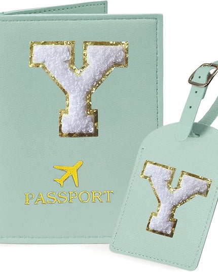 COSHAYSOO Green Passport Cover and Luggage Tag Set TSA Approved with Her Initial Chenille Letter Patch, Monogrammed Travel Bag Backpack Suitcase Identifier Gifts for Mom Women Teacher (Y)