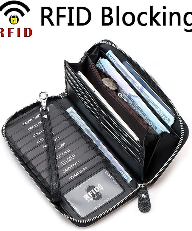Moflycom Womens Wallet RFID Blocking Genuine Leather Multi Credit Card Large Capacity Zip Around Clutch Travel Purse Wristlet