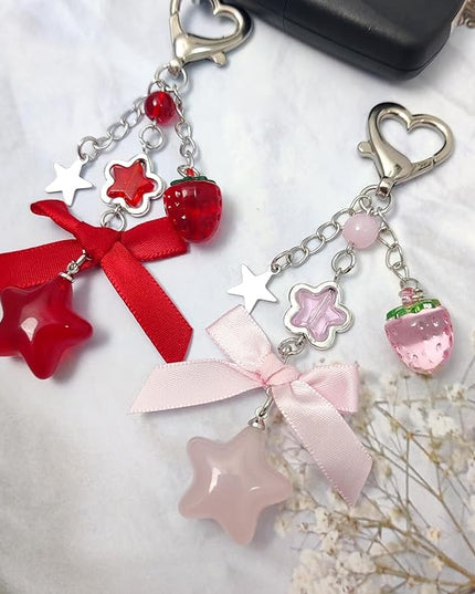 Keychain for Women Gold Bow Angel Wings KeyChains Novel Star Heart Strawberry Racket Pendants Bag Charm Key Chains