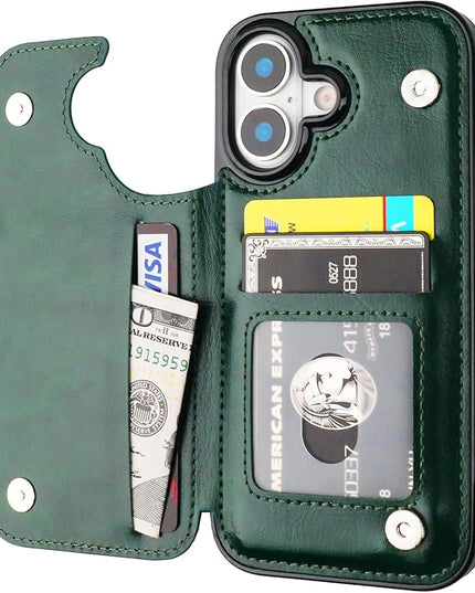 ONETOP Compatible with iPhone 17 Wallet Case with Card Holder, PU Leather Kickstand Card Slots Case, Double Magnetic Clasp and Durable Shockproof Cover 6.1 Inch (Green)