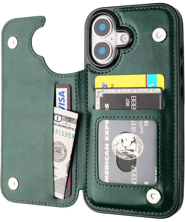 ONETOP Compatible with iPhone 17 Wallet Case with Card Holder, PU Leather Kickstand Card Slots Case, Double Magnetic Clasp and Durable Shockproof Cover 6.1 Inch (Green)