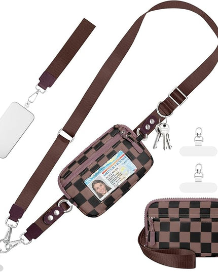 Clip and Go Strap for Phone with Wallet Crossbody Phone Lanyard and Detachable Checkered Bag with ID Window and RFID Pouch for Daily Travel.