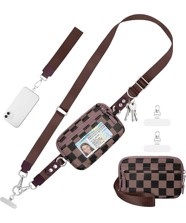 Clip and Go Strap for Phone with Wallet Crossbody Phone Lanyard and Detachable Checkered Bag with ID Window and RFID Pouch for Daily Travel.