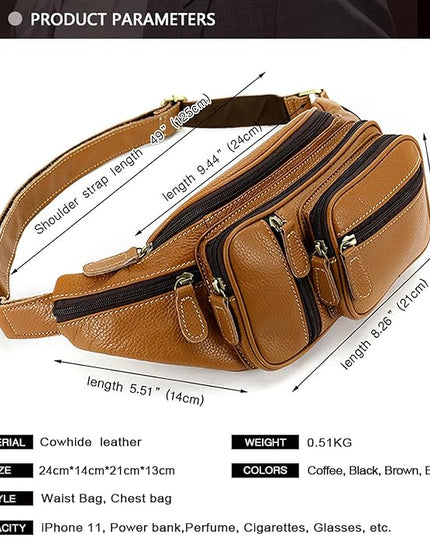 Genuine Leather Fanny Pack large capacity Crossbody Waist Bag with Zipper phone Pockets brown