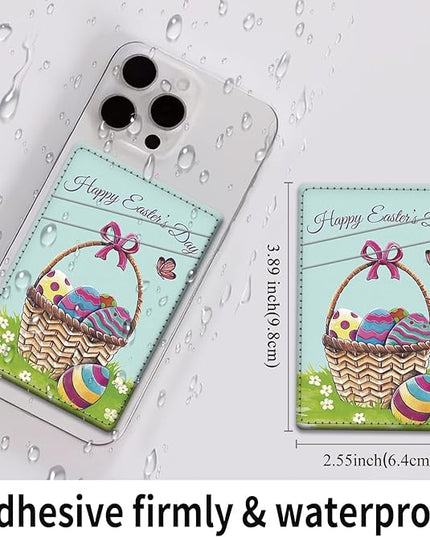 Phone Card Holder, Dual Pocket Leather Wallet Adhesive Stick On, Cute Credit Card Holder for Smartphones Case Compatible with Most Phone（Colored eggs）