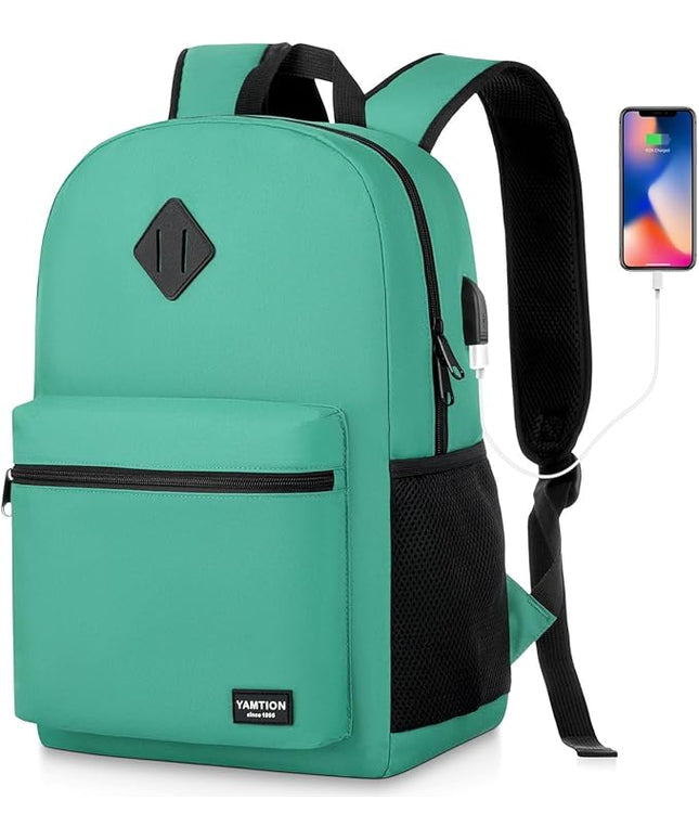 YAMTION School Backpack for Teens,Green Bookbag Classic Backpack with USB Port for High School College Students