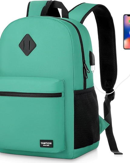 YAMTION 17 Inch School Backpack for Teens,Green Bookbag Classic Backpack with USB Port for High School College Students