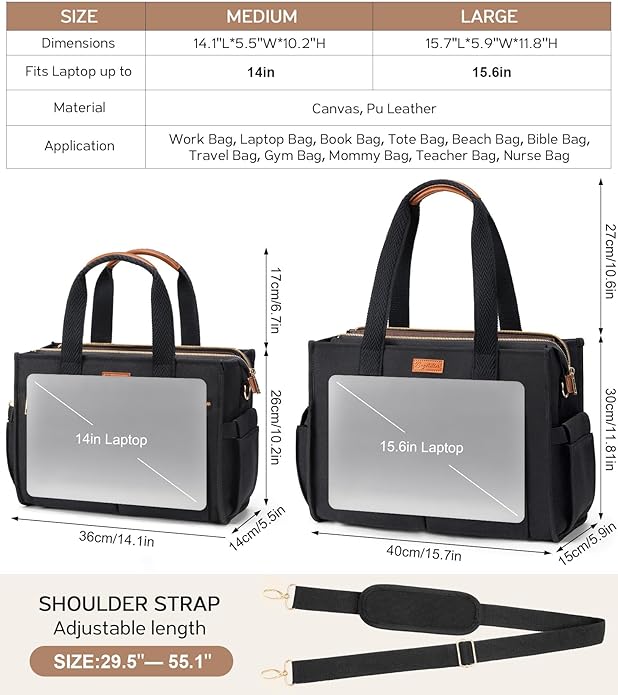 Canvas Tote Bag for Women, 15-Pockets Work Laptop Tote Purse Large Crossbody Nurse Teacher Bible Bag for School Travel Daily | with Strap & Zipper, Multi Compartment, Stand Upright Stably, College Shoulder Bag, Clinical Nursing Bag, Ideal Gift for Women