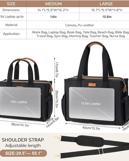 Canvas Tote Bag for Women, 15-Pockets Work Laptop Tote Purse Large Crossbody Nurse Teacher Bible Bag for School Travel Daily | with Strap & Zipper, Multi Compartment, Stand Upright Stably, College Shoulder Bag, Clinical Nursing Bag, Ideal Gift for Women