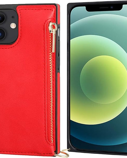 Bocasal Crossbody Wallet Case for iPhone 12/12 Pro with Card Holder,Zipper Card Slot Protector Shockproof Purse Cover with Removable Cross Body Strap 6.1 Inch(Red)