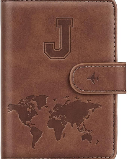 Passport Holder Wallet Cover Personalized Letter A-Z Travel Wallet RFID Blocking Passport Cover Wallet Case for Travel Passport Book Holders for Women and Men, Brown-J