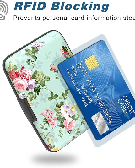 Atufsuat Credit Card Holder, Mini Aluminum Card Wallet RFID Blocking Slim Metal Hard Card Case for Women Men, Green Flowers