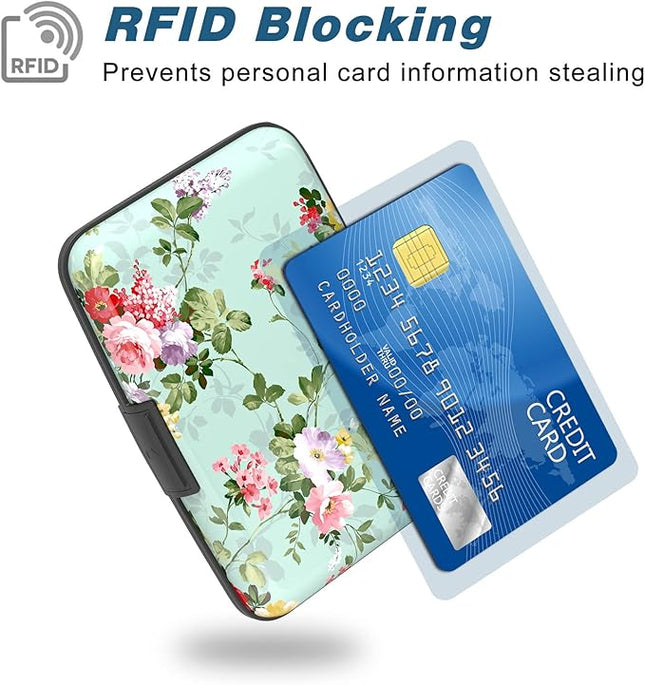 Atufsuat Credit Card Holder, Mini Aluminum Card Wallet RFID Blocking Slim Metal Hard Card Case for Women Men, Green Flowers