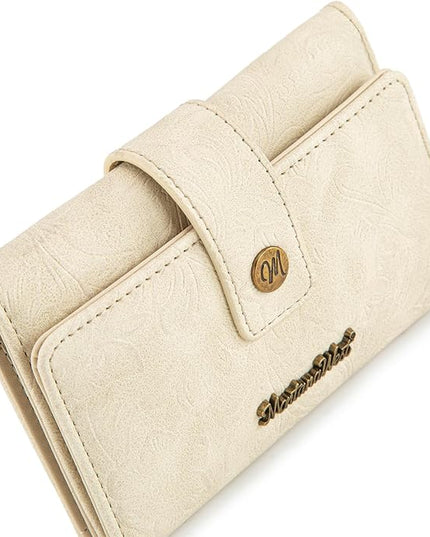 Montana West Small Womens Wallet Western Embossed Floral Women's Wallets Trifold RFID Wallet Women Ladies Female Compact Wallet Travel Clutch Wallett Apricot with ID Window