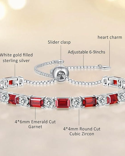 Birthstone Tennis Bracelets for Women White Gold Sterling Silver Gemstone Bracelets Adjustable Chain 6-9 Inchs Jewelry Anniversary Birthday Gifts for Women Mom Wife Her