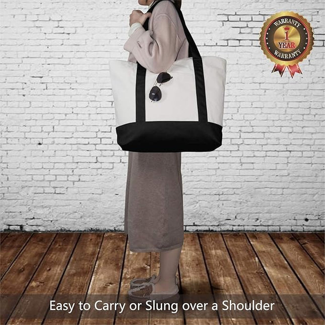 TOPDesign 30-Pack Canvas Tote Bags with an External Pocket, Reusable Grocery Shopping Bags, Top Zipper Closure, Daily Essentials (Black/Natural)