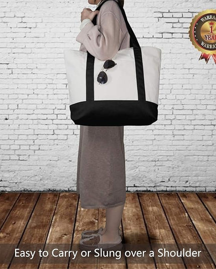 TOPDesign 1 | 3 | 6 | 30 Pack Canvas Tote Bag with an External Pocket, Reusable Grocery Shopping Bag, Top Zipper Closure, Daily Essentials (Black/Natural Pack of 1)