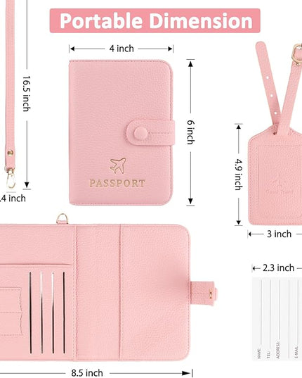Passport Holder RFID Protected Wallet and Luggage Tag with Protection Cover Travel Accessories Leather Card Case Organizer for Women Men (Pink)